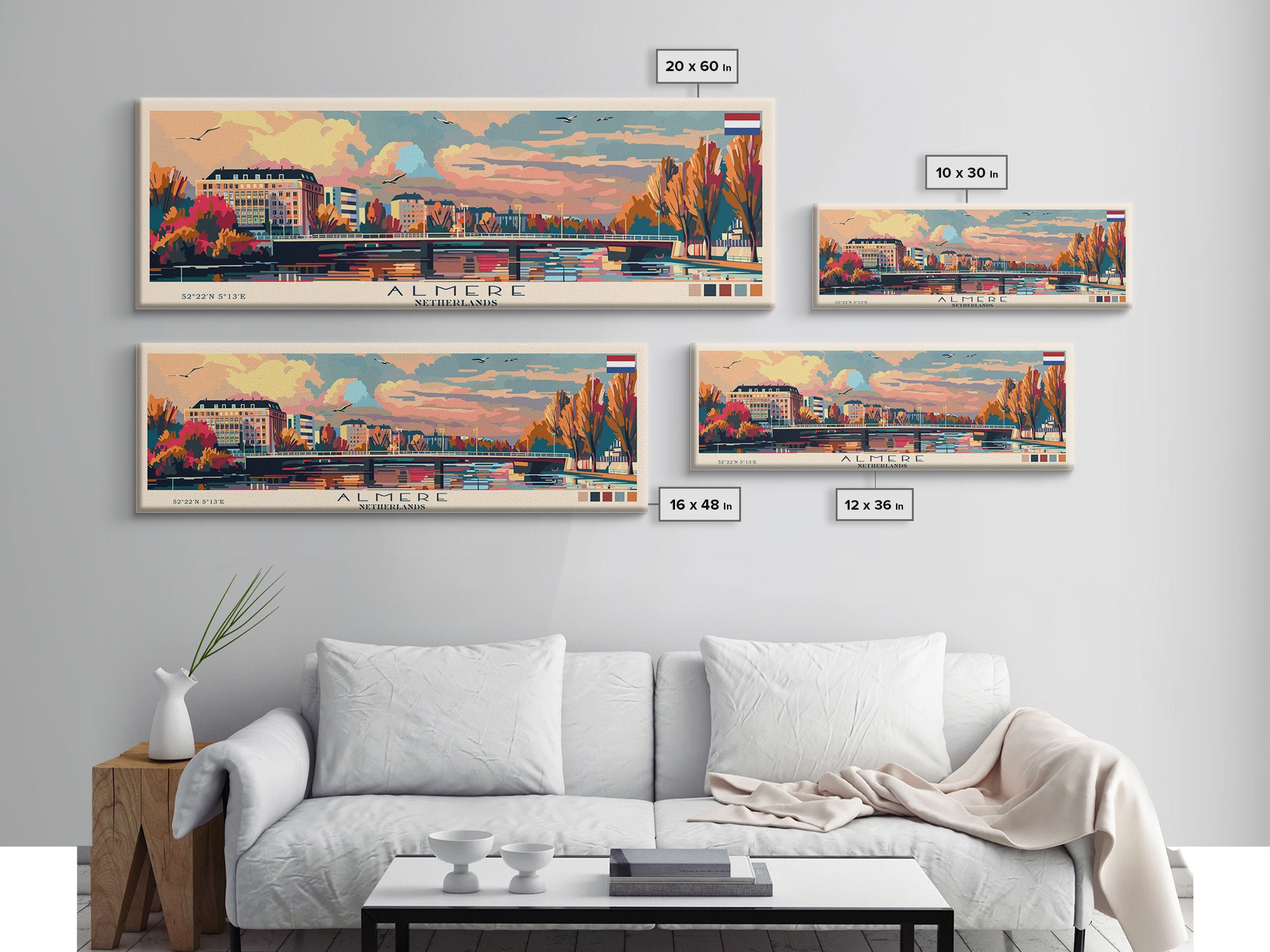 Almere Netherlands Panoramic Travel Poster, Framed Canvas Print or Metal Wall Art, Travel Art, Home Decor, Panoramic Painting, Midcentury Art