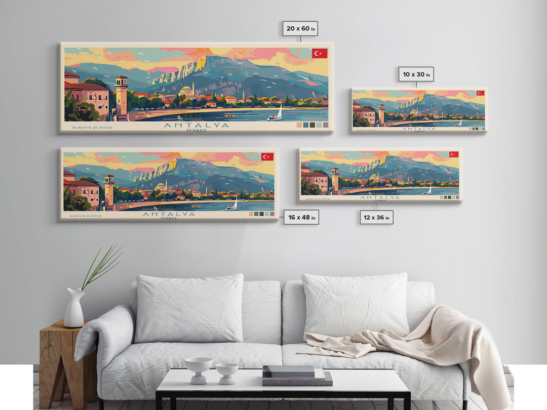 Antalya Turkey Panoramic Travel Poster, Framed Canvas Print or Metal Wall Art, Travel Art, Home Decor, Panoramic Painting, Midcentury Art