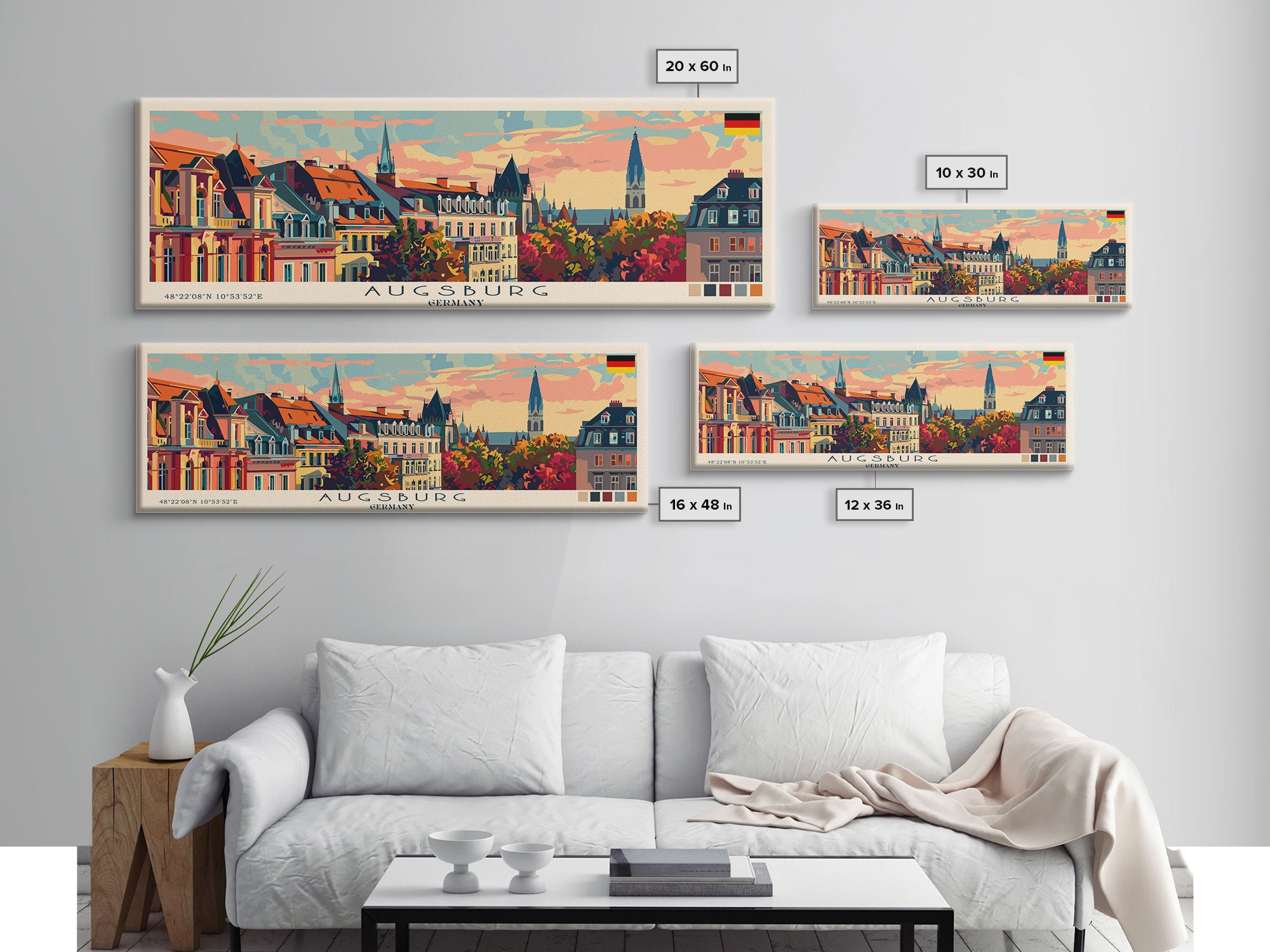 Augsburg Germany Panoramic Travel Poster, Framed Canvas Print or Metal Wall Art, Travel Art, Home Decor, Panoramic Painting, Midcentury Art