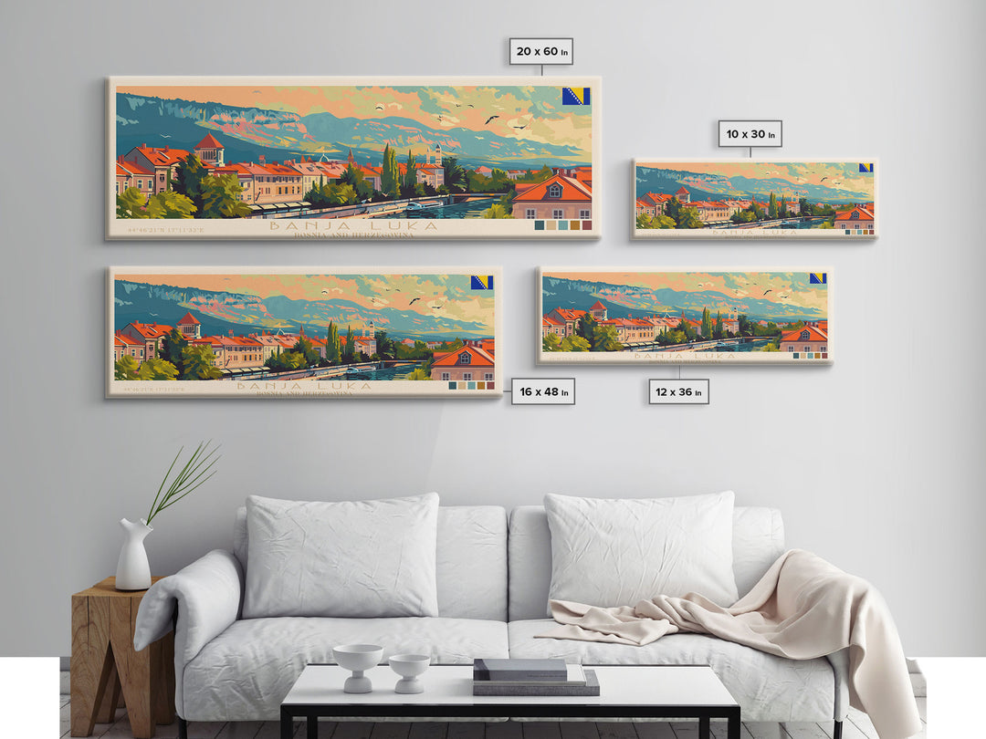 Banja Luka Bosnia Panoramic Travel Poster, Framed Canvas Print or Metal Wall Art, Travel Art, Home Decor, Panoramic Painting, Midcentury Art