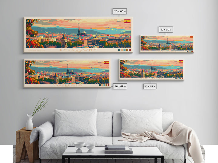 Barcelona Spain Travel Print Wall Art, Panoramic City Art, Travel Art, Wall Decor, Vacation Gift, Framed Canvas Print Or Metal Art