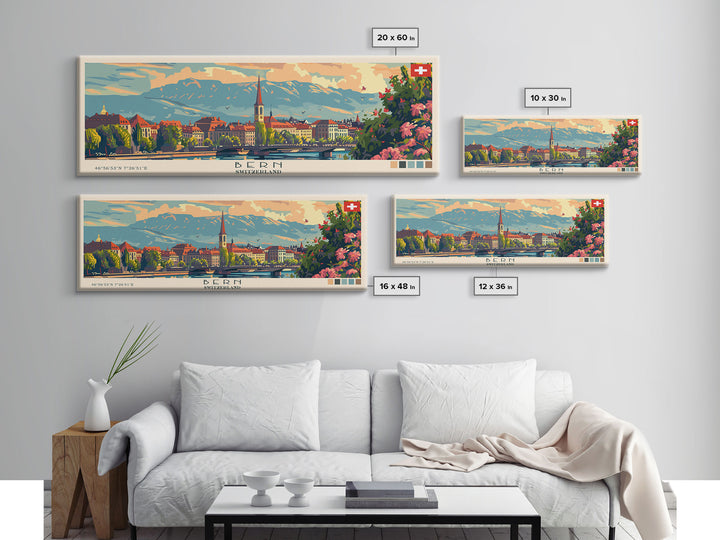 Bern Switzerland Travel Art, City Art, Framed Canvas Print or Metal Wall Art, Europe Travel Poster, Panoramic Wall Art, Extra Wide Wall Art