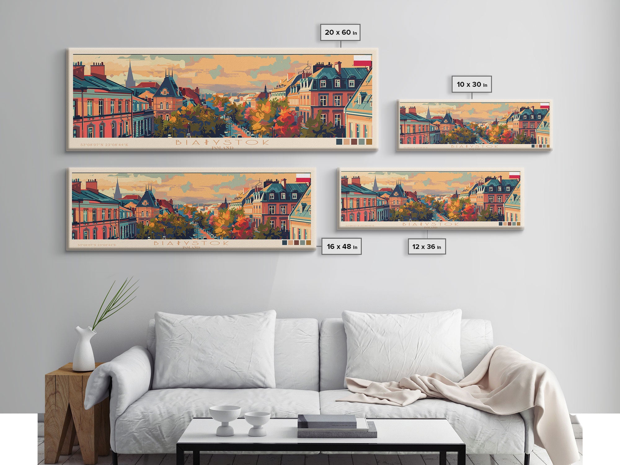 Bialystok Poland Panoramic Travel Poster, Framed Canvas Print or Metal Wall Art, Travel Art, Home Decor, Panoramic Painting, Midcentury Art