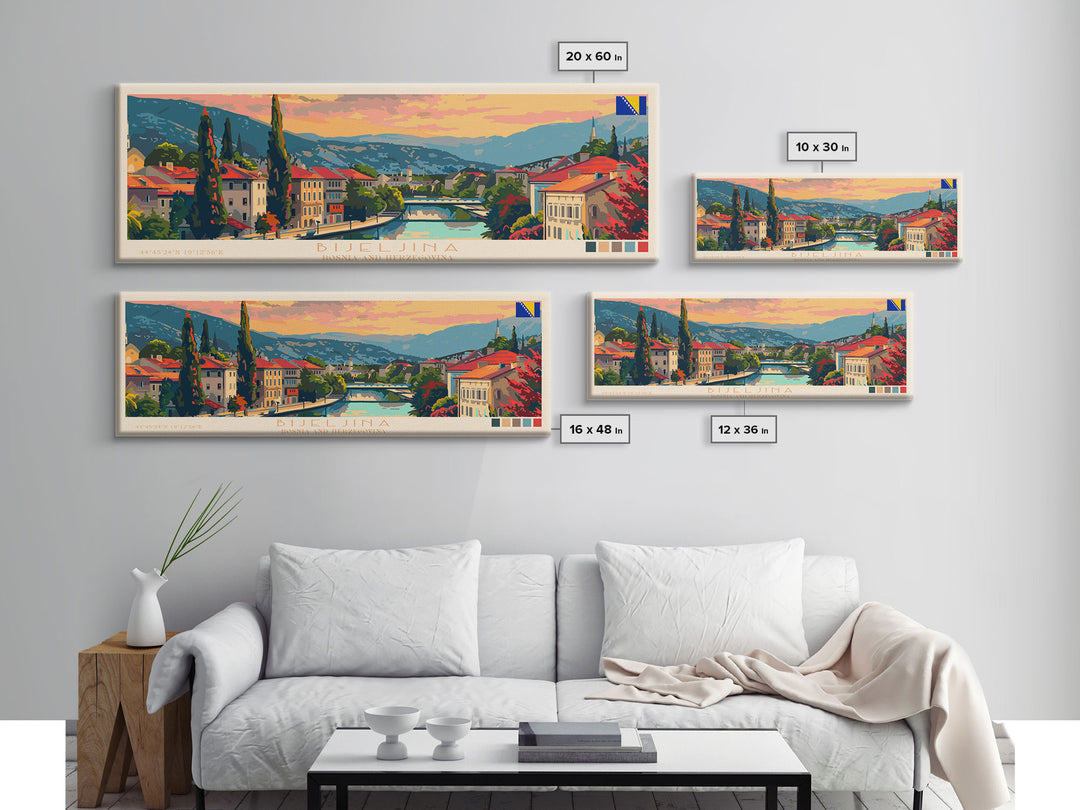 Bijeljina Bosnia Panoramic Travel Poster, Framed Canvas Print or Metal Wall Art, Travel Art, Home Decor, Panoramic Painting, Midcentury Art