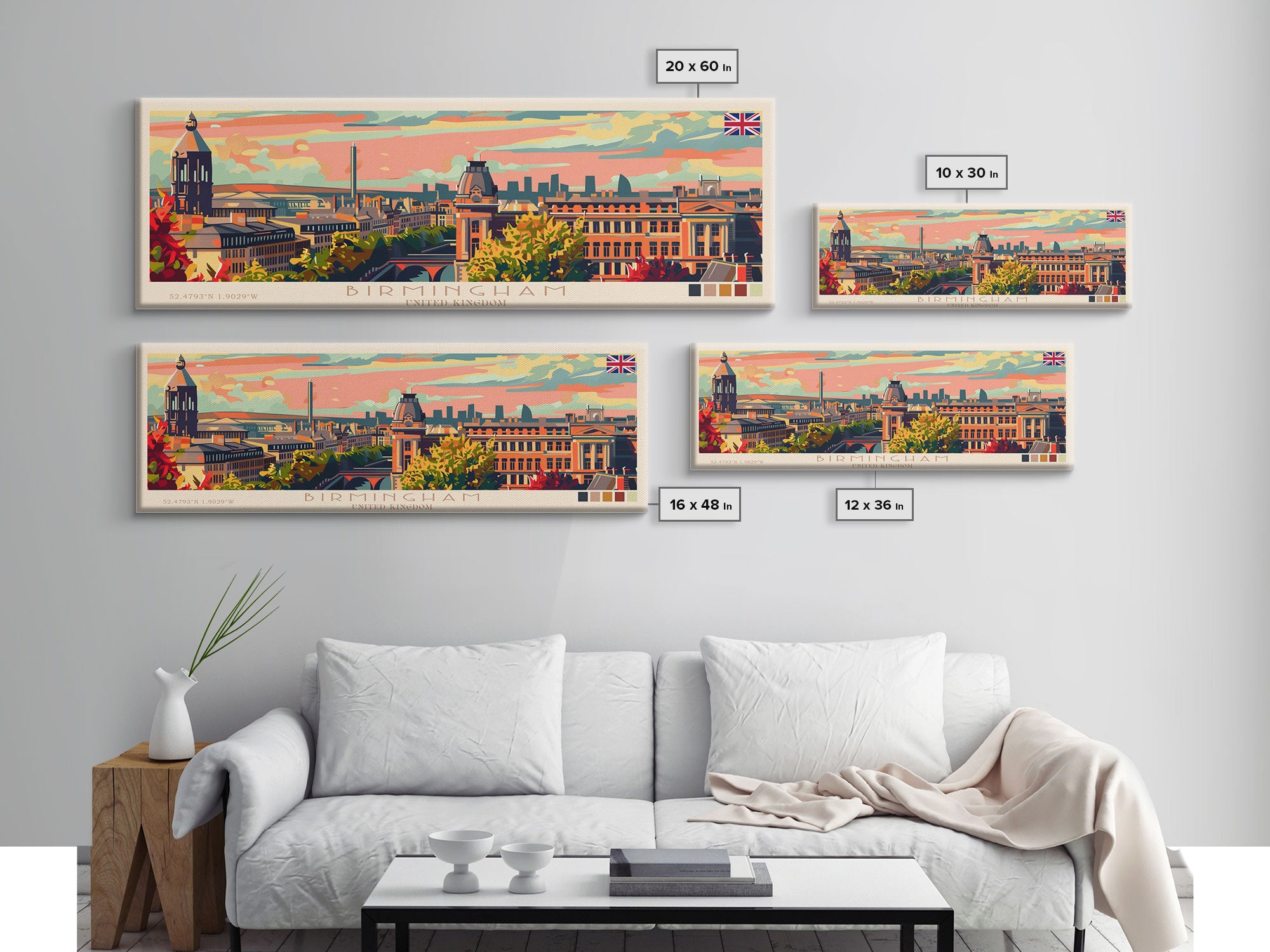 Birmingham United Kingdom Travel Print Wall Art, Panoramic City Art, Travel Art, Wall Decor, Vacation Gift, Framed Canvas Print Or Metal Art