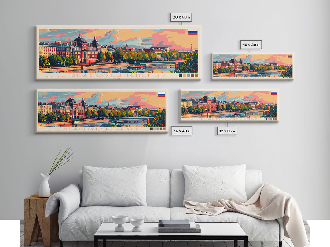 Blagoveshchensk Russia Travel Art, City Art, Framed Canvas Print or Metal Wall Art, Europe Travel Poster, Panoramic Wall Art, Extra Wide Wall Art