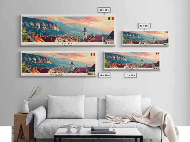 Brasov Romania Panoramic Travel Poster, Framed Canvas Print or Metal Wall Art, Travel Art, Home Decor, Panoramic Painting, Midcentury Art