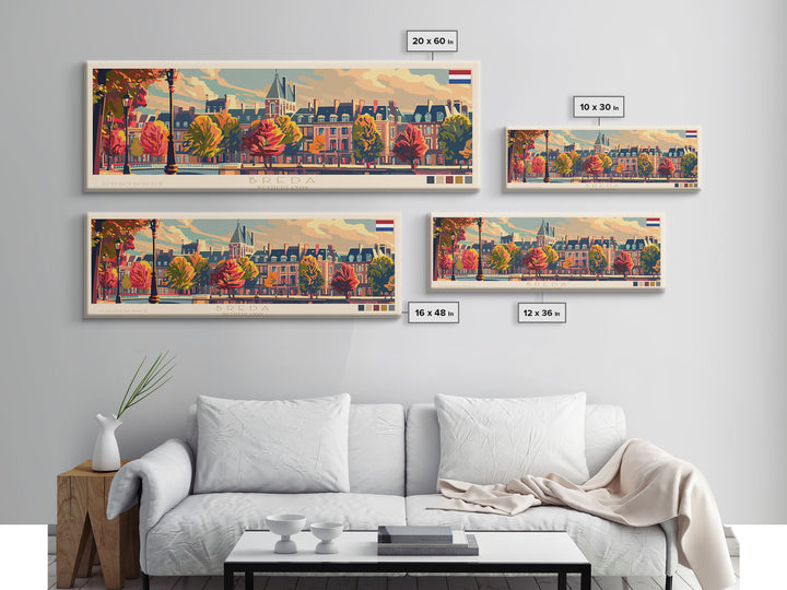 Breda Netherlands Panoramic Travel Poster, Framed Canvas Print or Metal Wall Art, Travel Art, Home Decor, Panoramic Painting, Midcentury Art