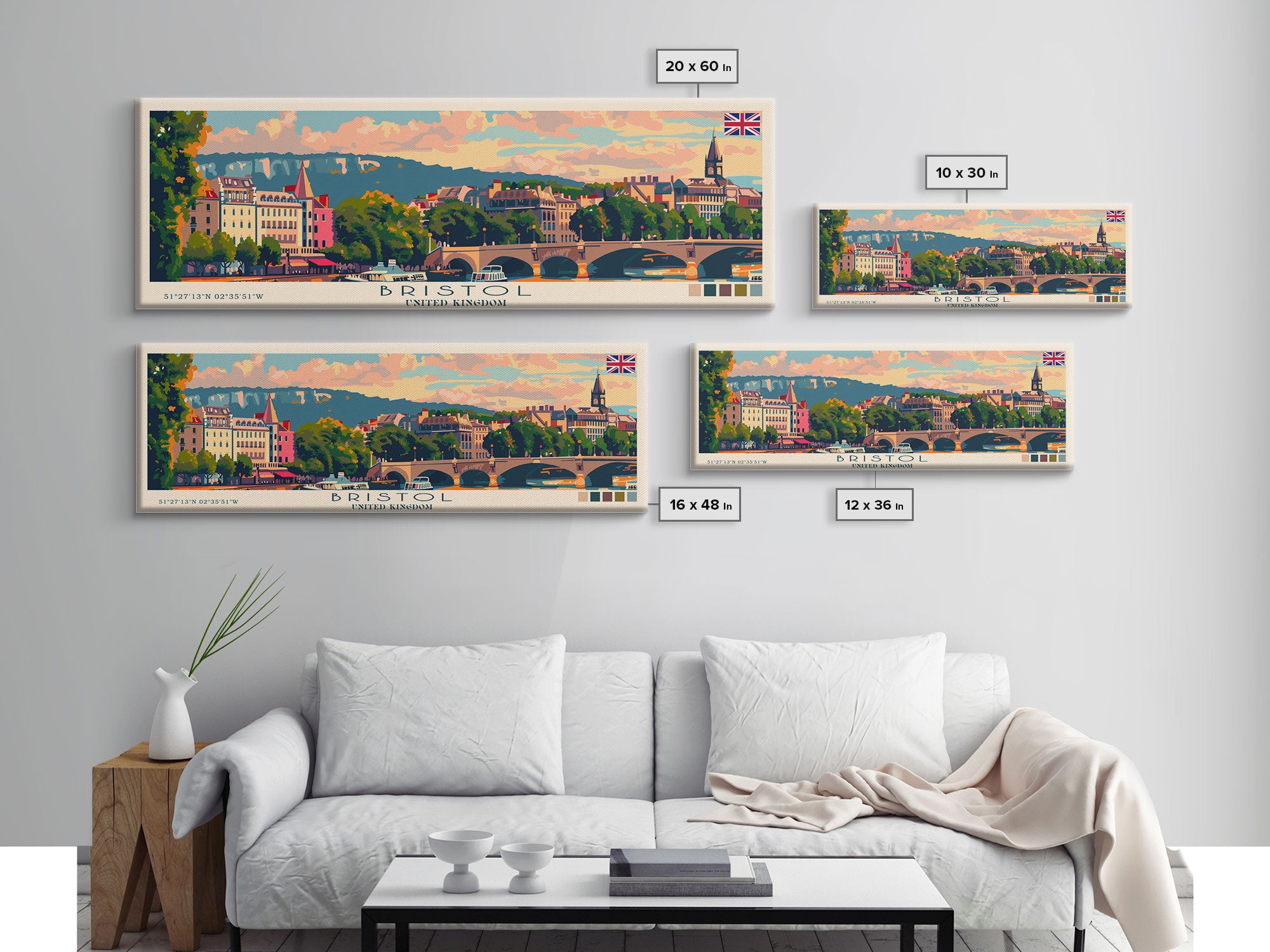 Bristol United Kingdom Panoramic Travel Poster, Framed Canvas Print or Metal Wall Art, Travel Art, Home Decor, Panoramic Painting, Midcentury Art