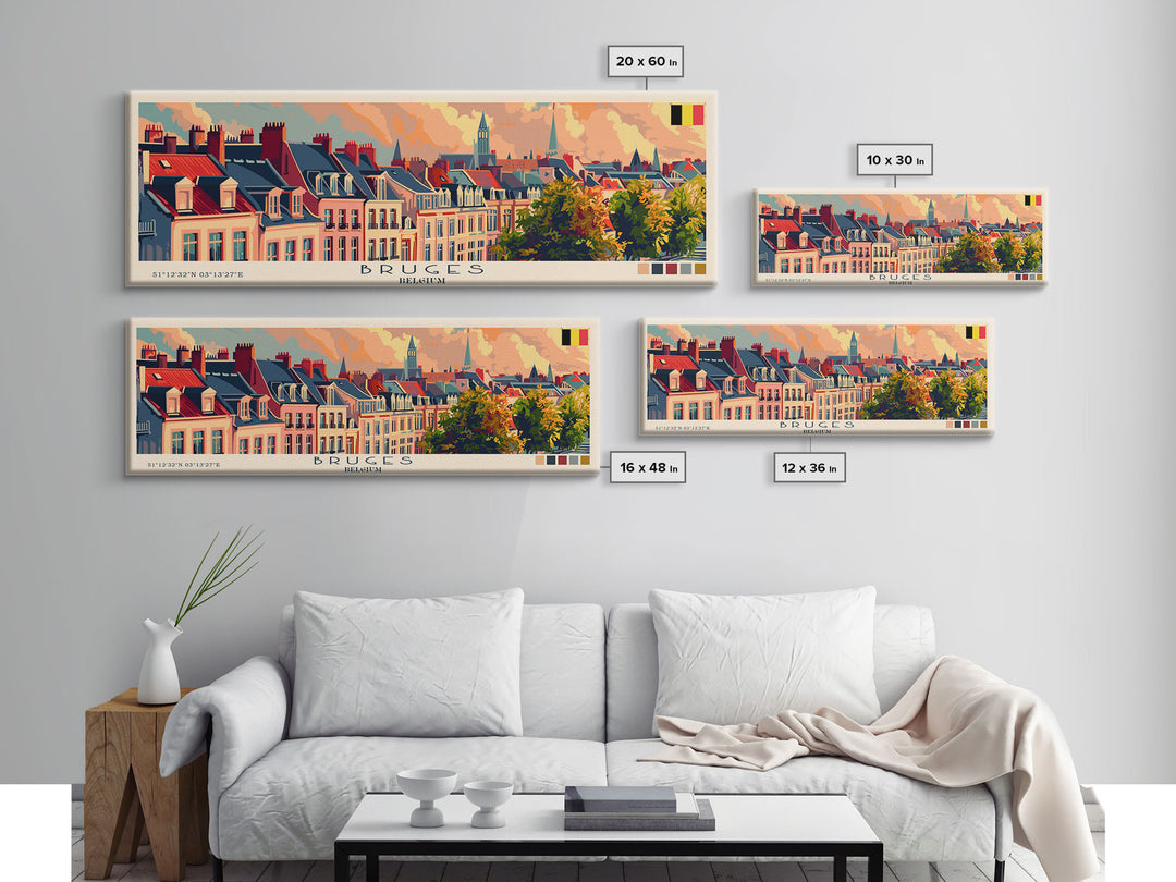 Bruges Belgium Travel Art, City Art, Framed Canvas Print or Metal Wall Art, Europe Travel Poster, Panoramic Wall Art, Extra Wide Wall Art