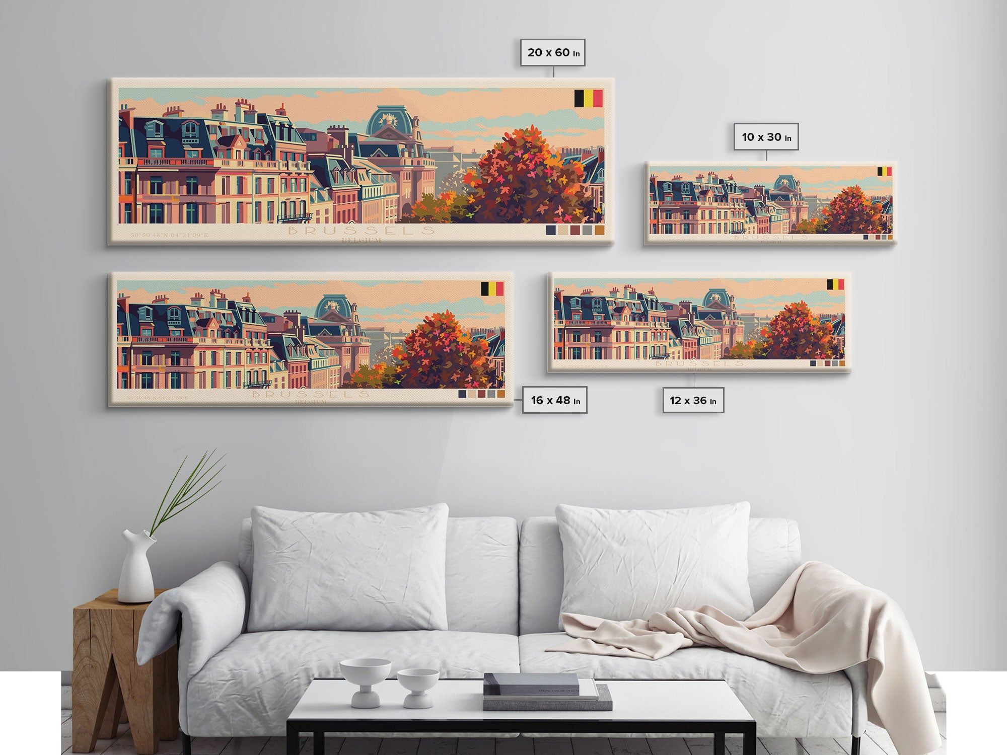 Brussels Belgium Panoramic Travel Poster, Framed Canvas Print or Metal Wall Art, Travel Art, Home Decor, Panoramic Painting, Midcentury Art