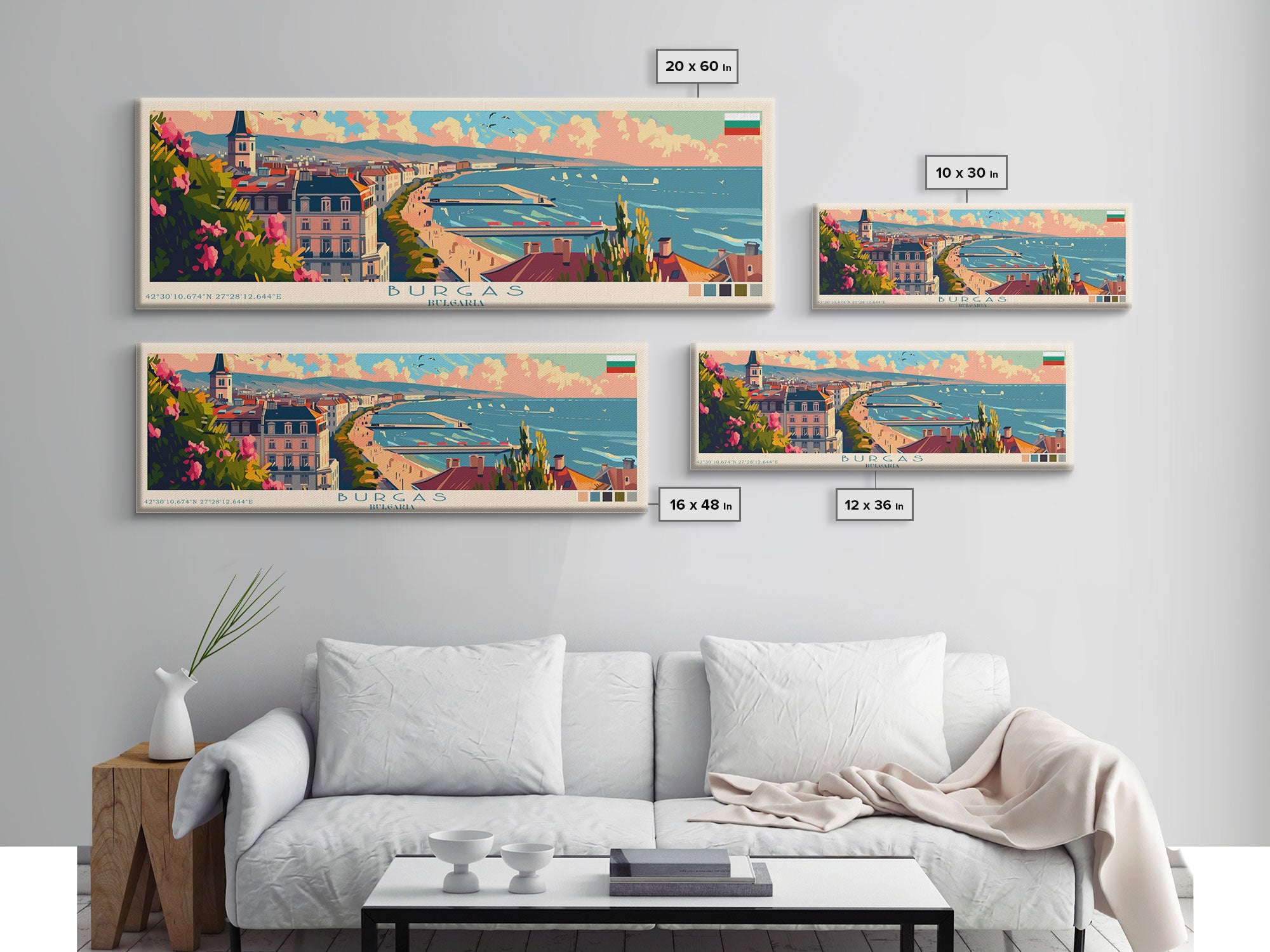 Burgas Bulgaria Panoramic Travel Poster, Framed Canvas Print or Metal Wall Art, Travel Art, Home Decor, Panoramic Painting, Midcentury Art