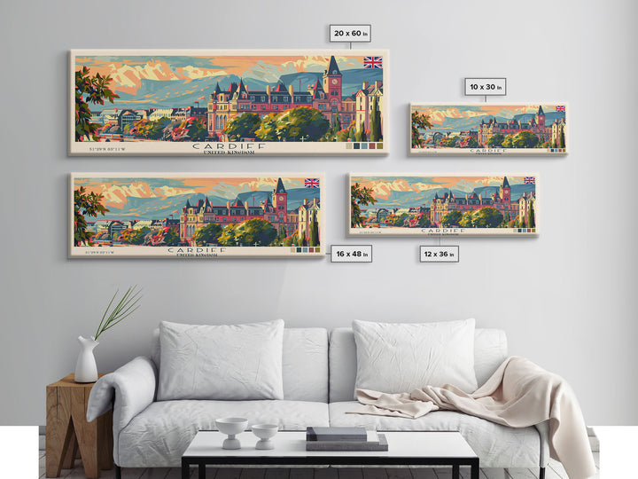 Cardiff United Kingdom Travel Art, City Art, Framed Canvas Print or Metal Wall Art, Europe Travel Poster, Panoramic Wall Art, Extra Wide Wall Art