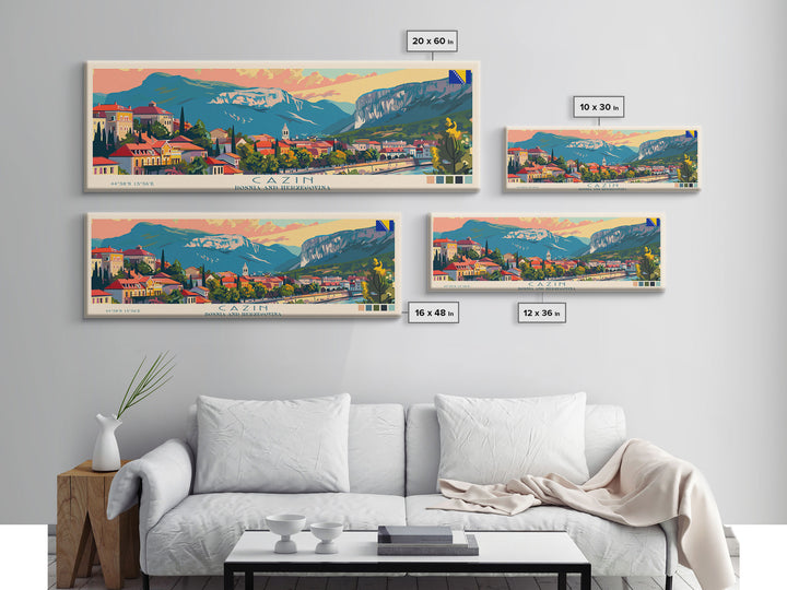 Cazin Bosnia Travel Art, City Art, Framed Canvas Print or Metal Wall Art, Europe Travel Poster, Panoramic Wall Art, Extra Wide Wall Art