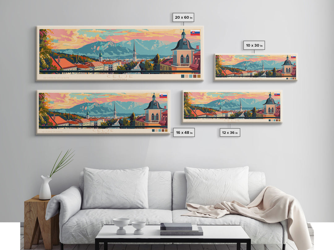 Celje Slovenia Panoramic Travel Poster, Framed Canvas Print or Metal Wall Art, Travel Art, Home Decor, Panoramic Painting, Midcentury Art