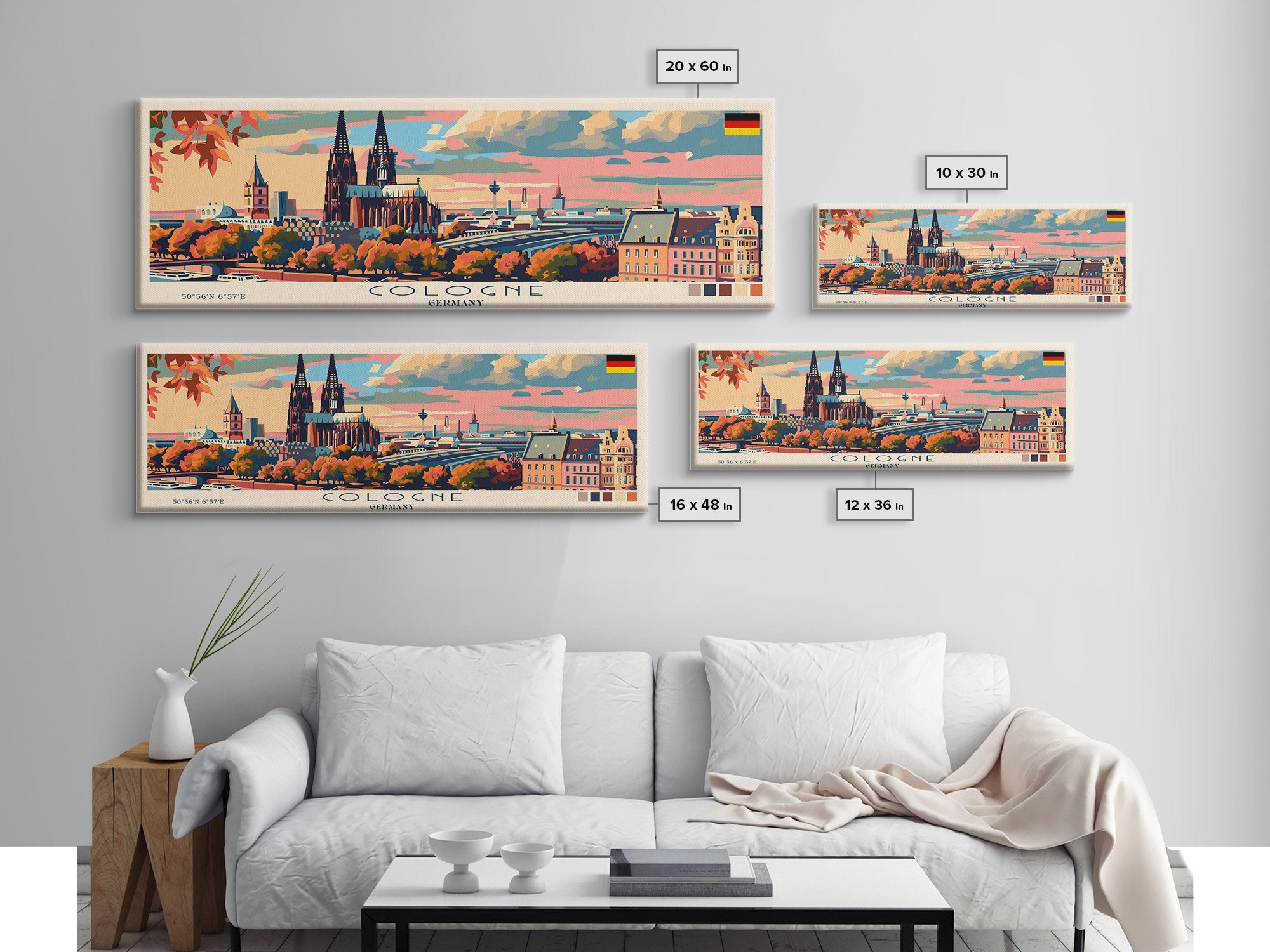 Cologne Germany Panoramic Travel Poster, Framed Canvas Print or Metal Wall Art, Travel Art, Home Decor, Panoramic Painting, Midcentury Art