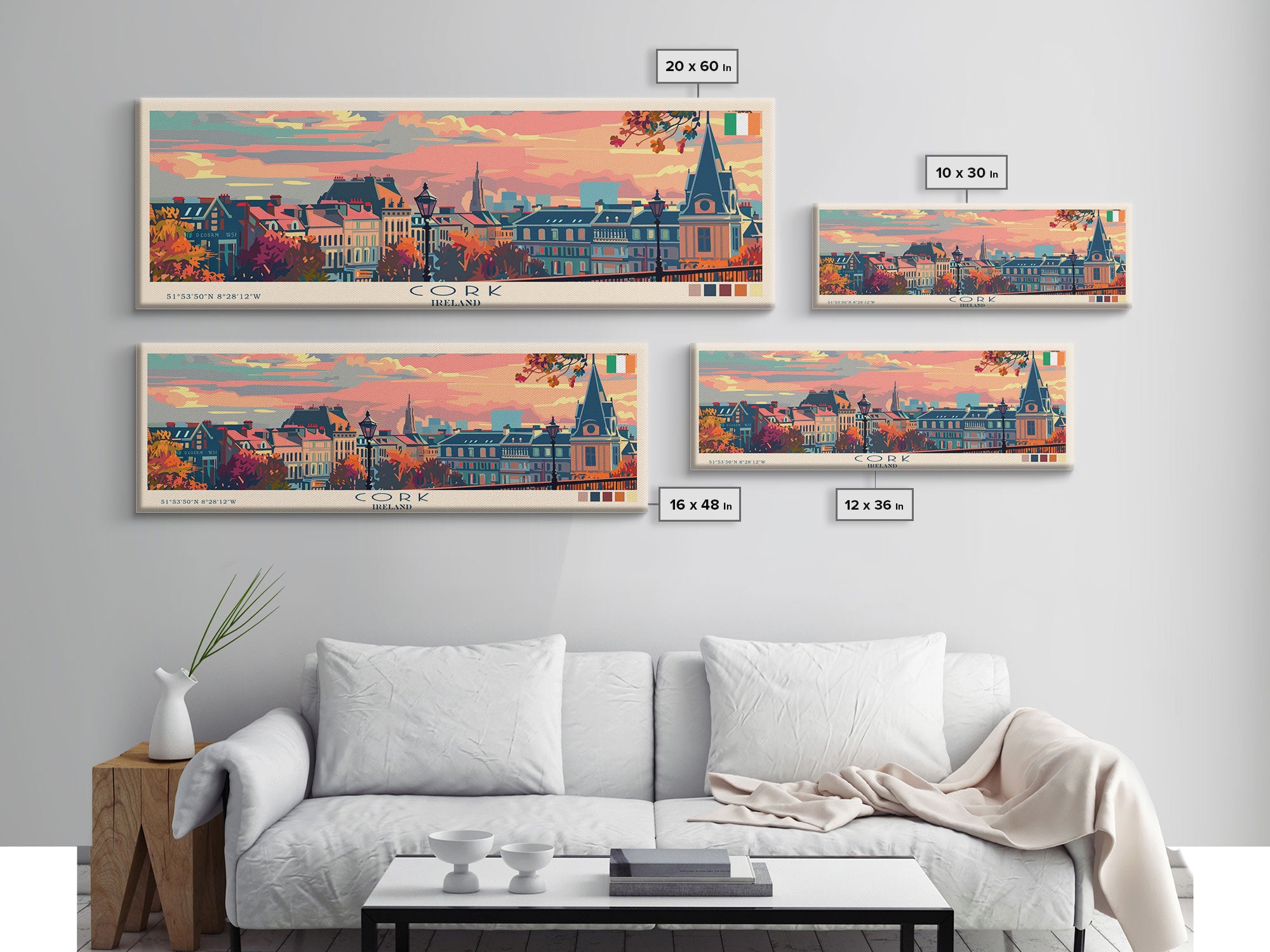 Cork Ireland Panoramic Travel Poster, Framed Canvas Print or Metal Wall Art, Travel Art, Home Decor, Panoramic Painting, Midcentury Art