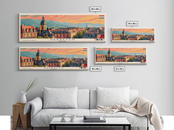 Debrecen Hungary Panoramic Travel Poster, Framed Canvas Print or Metal Wall Art, Travel Art, Home Decor, Panoramic Painting, Midcentury Art