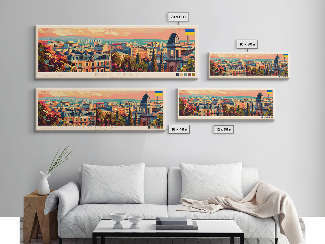 Donetsk Ukraine Panoramic Travel Poster, Framed Canvas Print or Metal Wall Art, Travel Art, Home Decor, Panoramic Painting, Midcentury Art