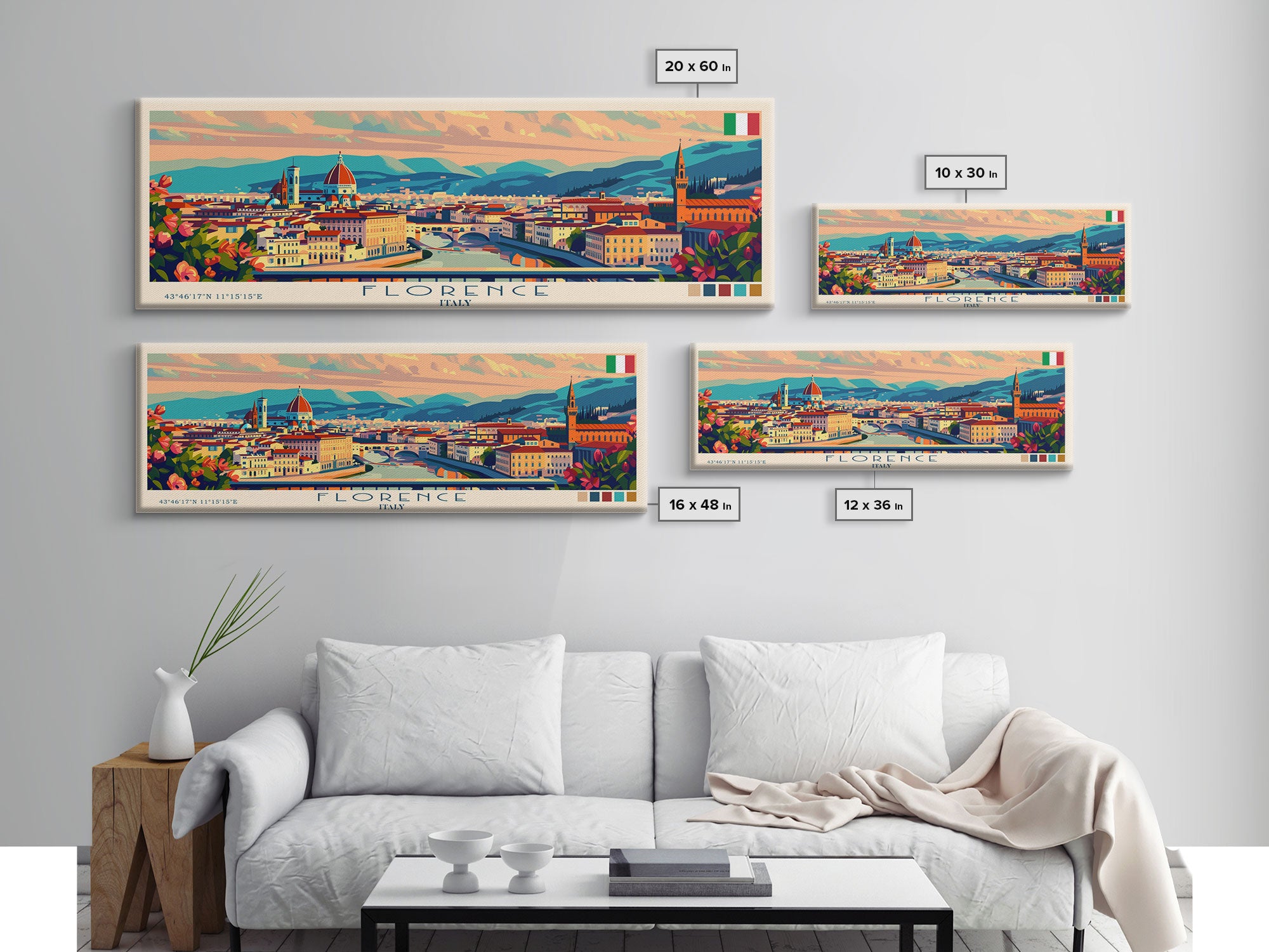 Florence Italy Panoramic Travel Poster, Framed Canvas Print or Metal Wall Art, Travel Art, Home Decor, Panoramic Painting, Midcentury Art