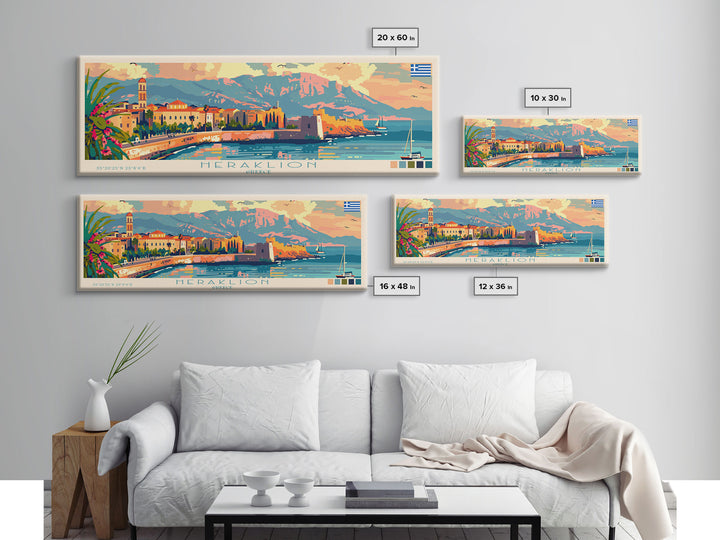 Heraklion Greece Panoramic Travel Poster, Framed Canvas Print or Metal Wall Art, Travel Art, Home Decor, Panoramic Painting, Midcentury Art