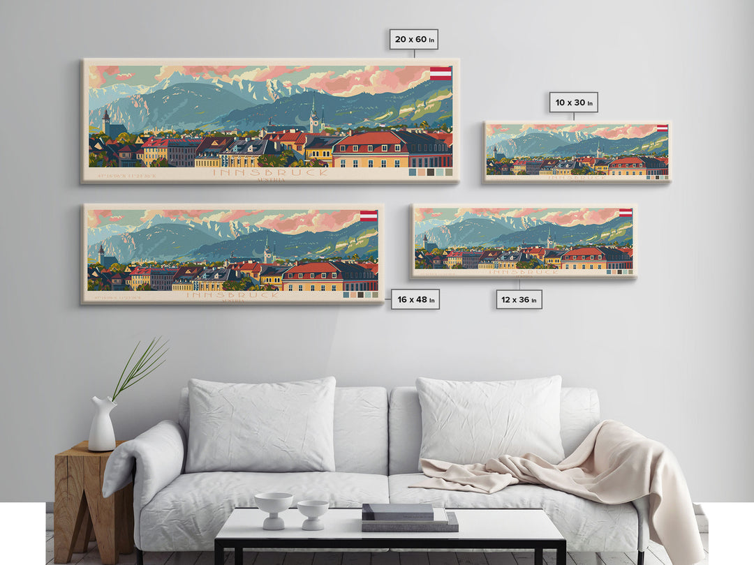 Innsbruck Austria Panoramic Travel Poster, Framed Canvas Print or Metal Wall Art, Travel Art, Home Decor, Panoramic Painting, Midcentury Art