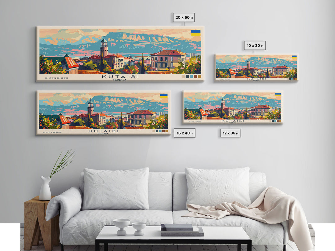 Kutaisi Georgia Panoramic Travel Poster, Framed Canvas Print or Metal Wall Art, Travel Art, Home Decor, Panoramic Painting, Midcentury Art