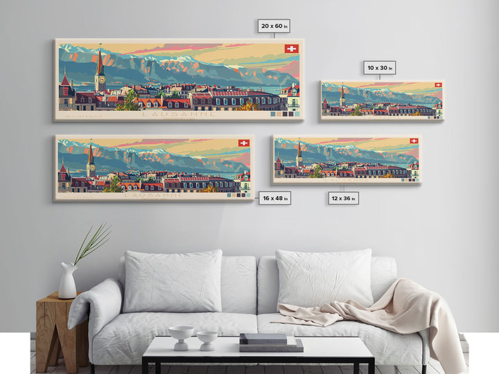 Lausanne Switzerland Travel Art, City Art, Framed Canvas Print or Metal Wall Art, Europe Travel Poster, Panoramic Wall Art, Extra Wide Wall Art