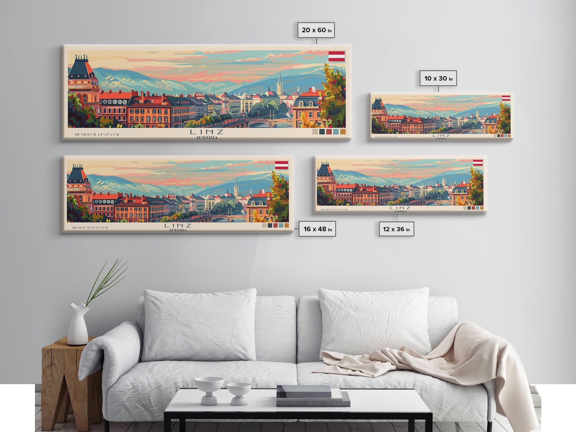 Linz Austria Panoramic Travel Poster, Framed Canvas Print or Metal Wall Art, Travel Art, Home Decor, Panoramic Painting, Midcentury Art