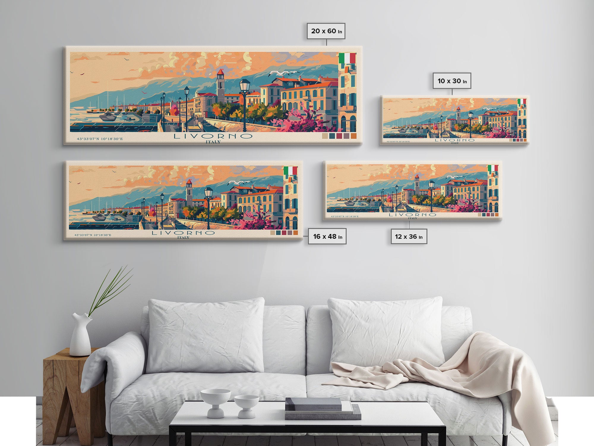 Livorno Italy Panoramic Travel Poster, Framed Canvas Print or Metal Wall Art, Travel Art, Home Decor, Panoramic Painting, Midcentury Art