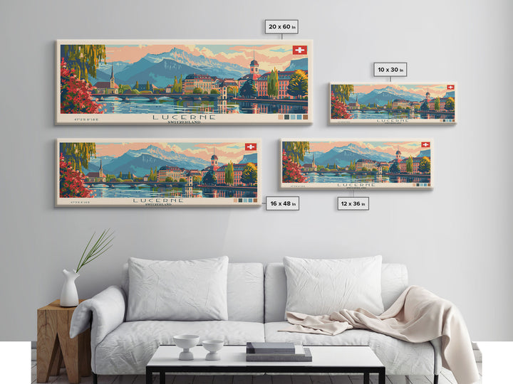 Lucerne Switzerland Travel Art, City Art, Framed Canvas Print or Metal Wall Art, Europe Travel Poster, Panoramic Wall Art, Extra Wide Wall Art