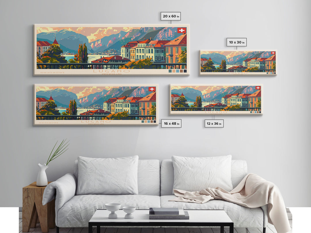 Lugano Switzerland Panoramic Travel Poster, Framed Canvas Print or Metal Wall Art, Travel Art, Home Decor, Panoramic Painting, Midcentury Art