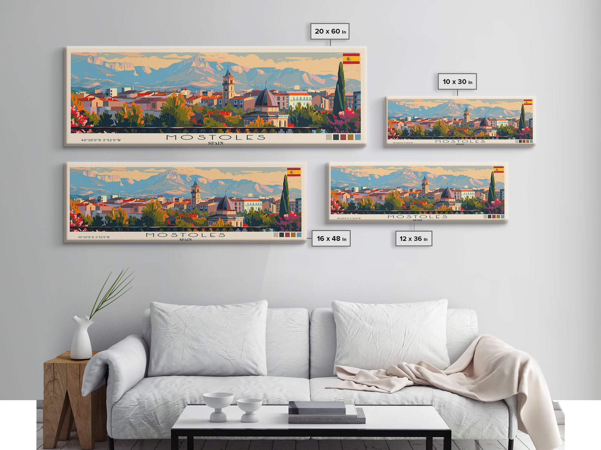 Mostoles Spain Panoramic Travel Poster, Framed Canvas Print or Metal Wall Art, Travel Art, Home Decor, Panoramic Painting, Midcentury Art