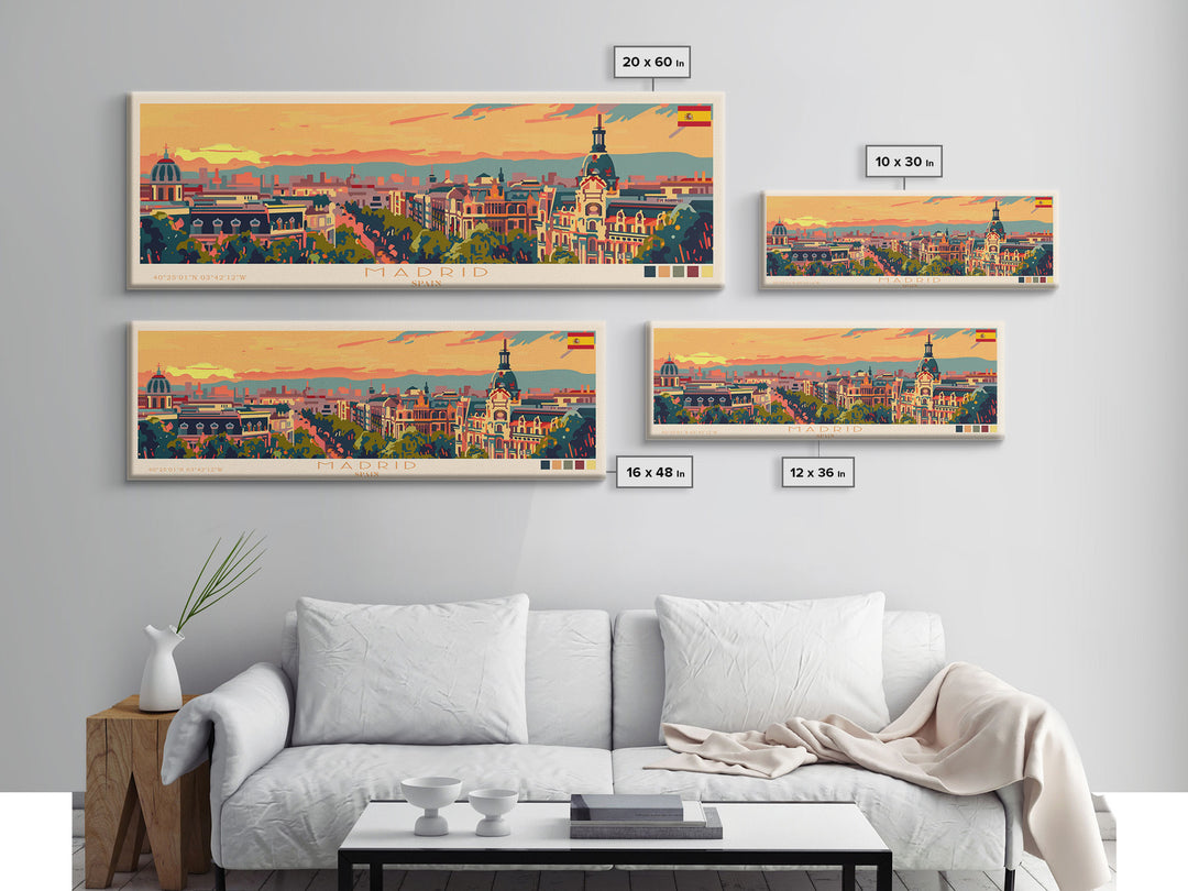 Madrid Spain Panoramic Travel Poster, Framed Canvas Print or Metal Wall Art, Travel Art, Home Decor, Panoramic Painting, Midcentury Art