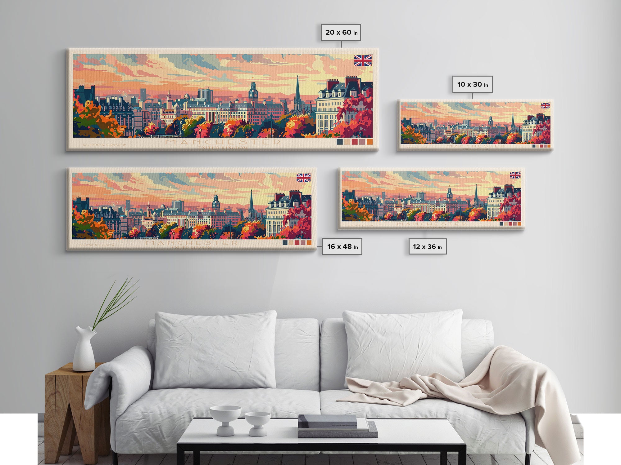 Manchester United Kingdom Panoramic Travel Poster, Framed Canvas Print or Metal Wall Art, Travel Art, Home Decor, Panoramic Painting, Midcentury Art