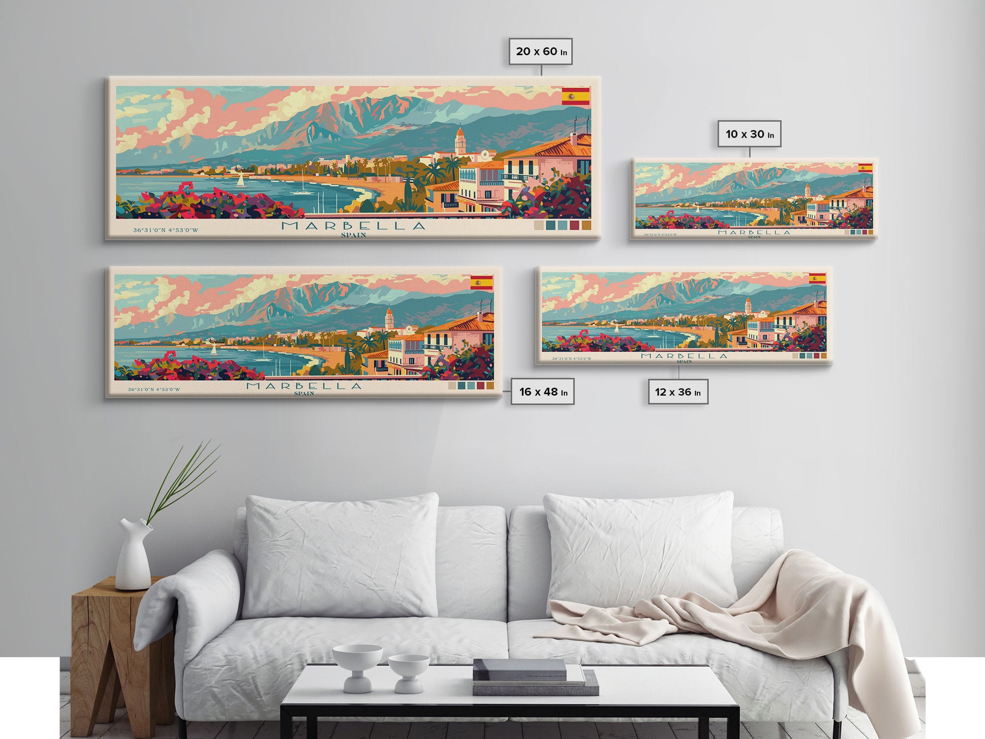 Marbella Spain Travel Art, City Art, Framed Canvas Print or Metal Wall Art, Europe Travel Poster, Panoramic Wall Art, Extra Wide Wall Art