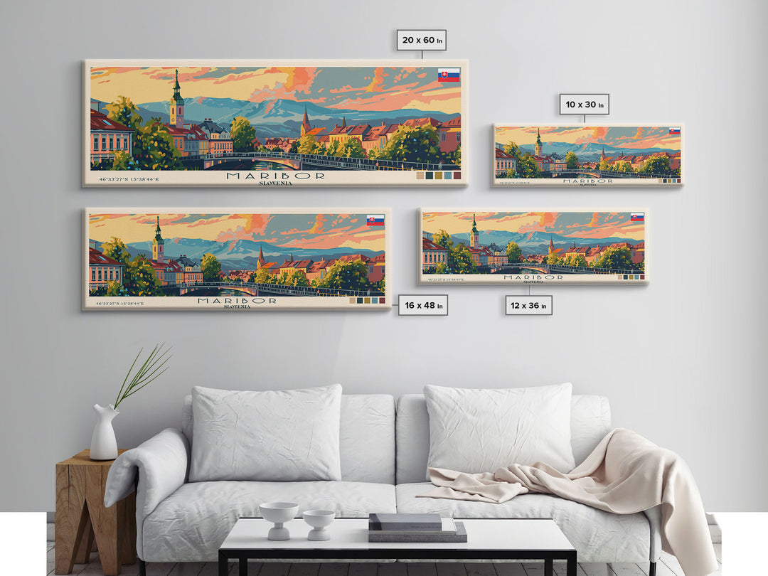 Maribor Slovenia Panoramic Travel Poster, Framed Canvas Print or Metal Wall Art, Travel Art, Home Decor, Panoramic Painting, Midcentury Art