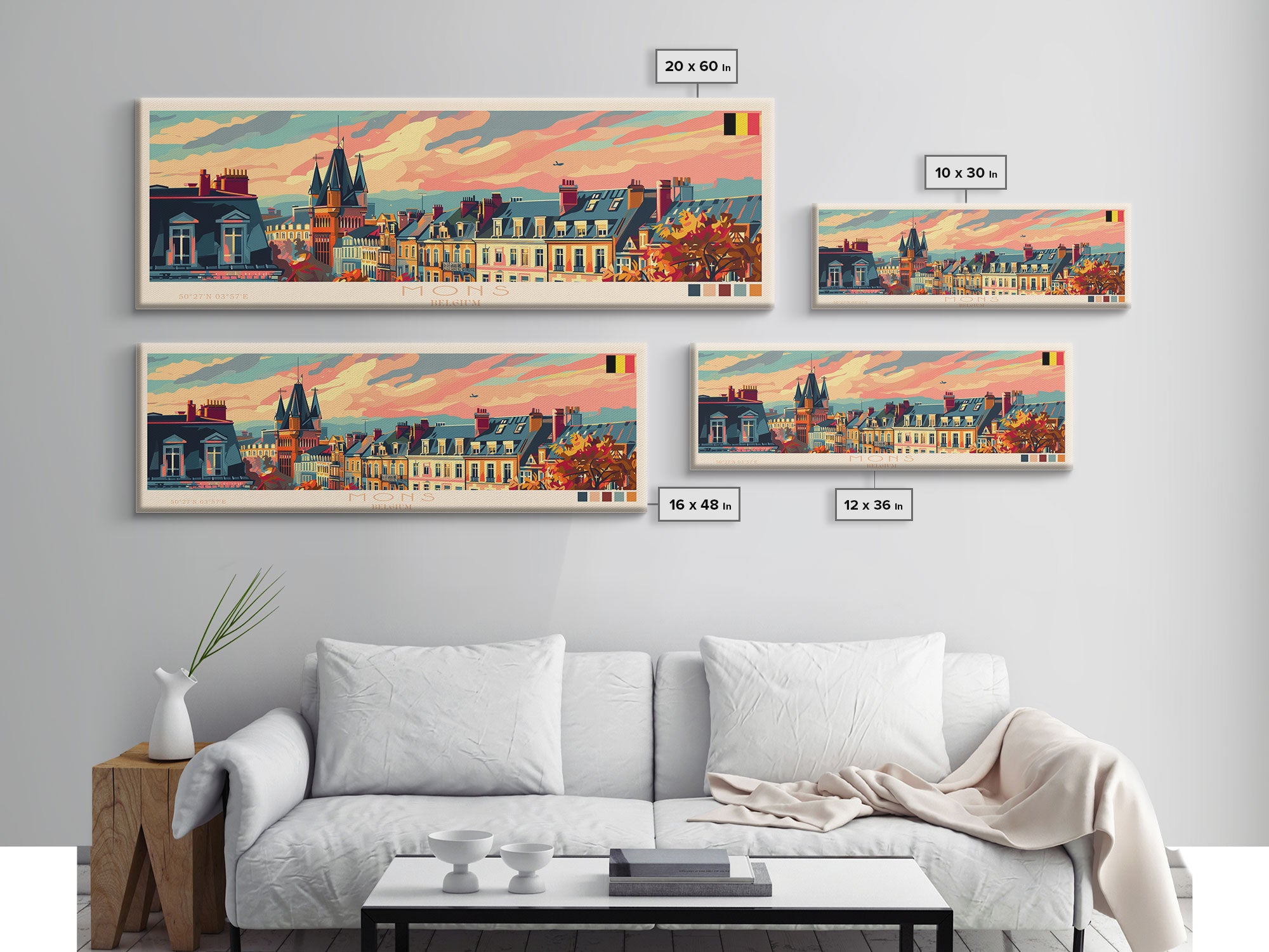 Mons Belgium Panoramic Travel Poster, Framed Canvas Print or Metal Wall Art, Travel Art, Home Decor, Panoramic Painting, Midcentury Art