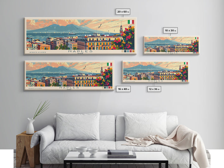 Naples Italy Travel Art, City Art, Framed Canvas Print or Metal Wall Art, Europe Travel Poster, Panoramic Wall Art, Extra Wide Wall Art