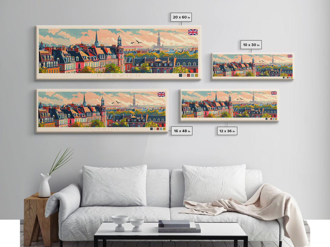 Norwich United Kingdom Panoramic Travel Poster, Framed Canvas Print or Metal Wall Art, Travel Art, Home Decor, Panoramic Painting, Midcentury Art