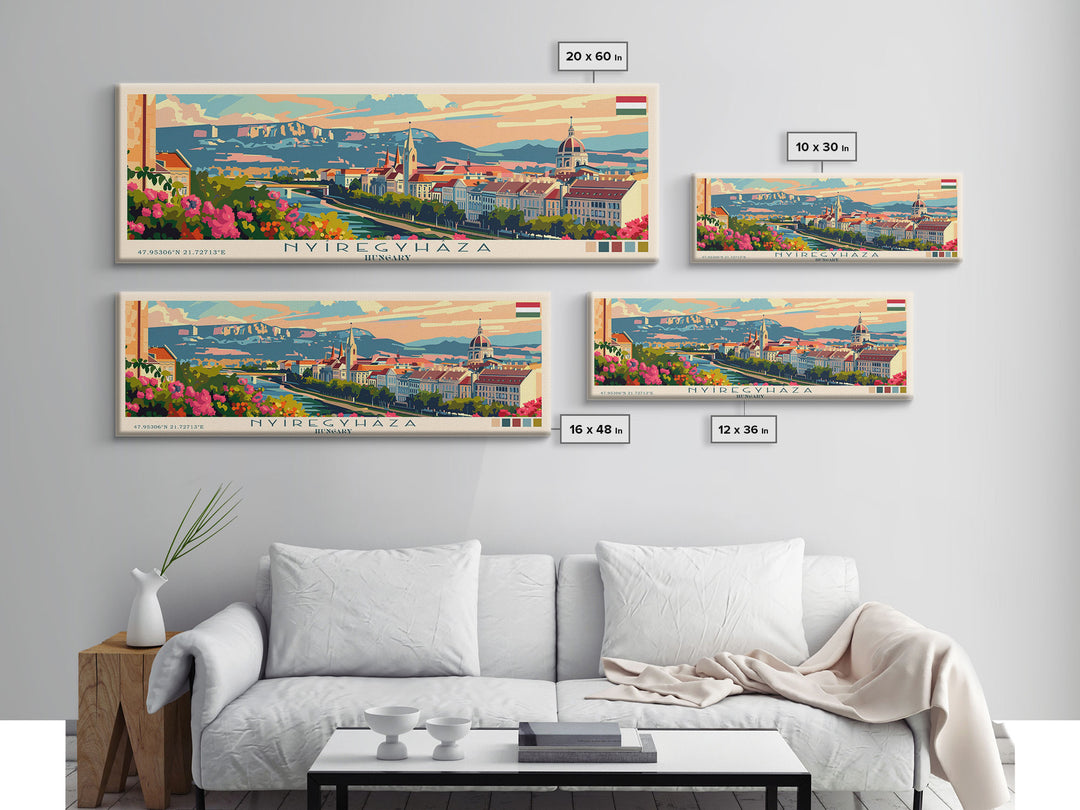 Nyiregyhaza Hungary Panoramic Travel Poster, Framed Canvas Print or Metal Wall Art, Travel Art, Home Decor, Panoramic Painting, Midcentury Art