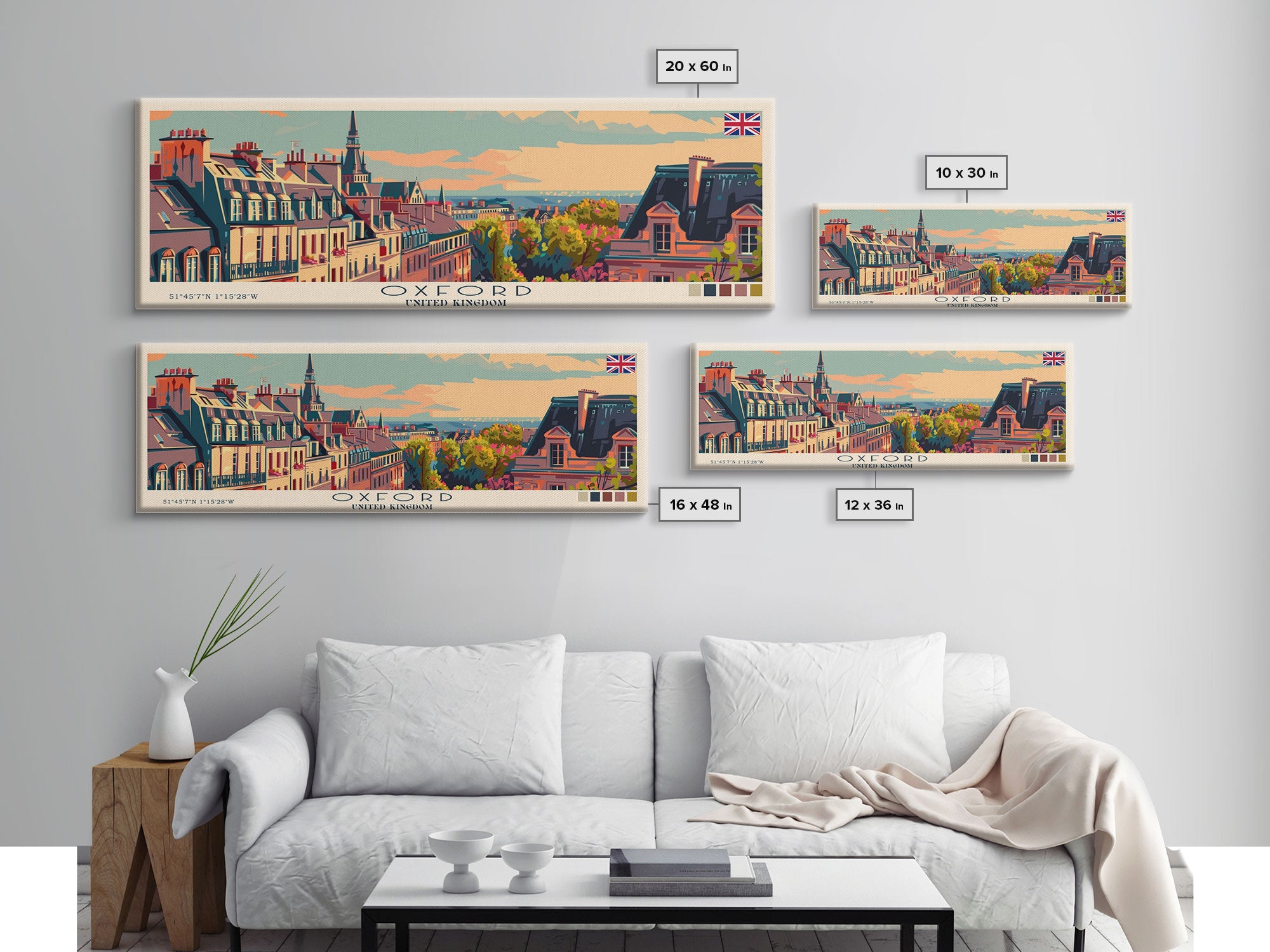 Oxford United Kingdom Panoramic Travel Poster, Framed Canvas Print or Metal Wall Art, Travel Art, Home Decor, Panoramic Painting, Midcentury Art