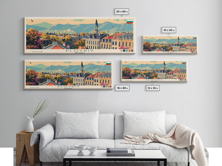 Plovdiv Bulgaria Travel Art, City Art, Framed Canvas Print or Metal Wall Art, Europe Travel Poster, Panoramic Wall Art, Extra Wide Wall Art