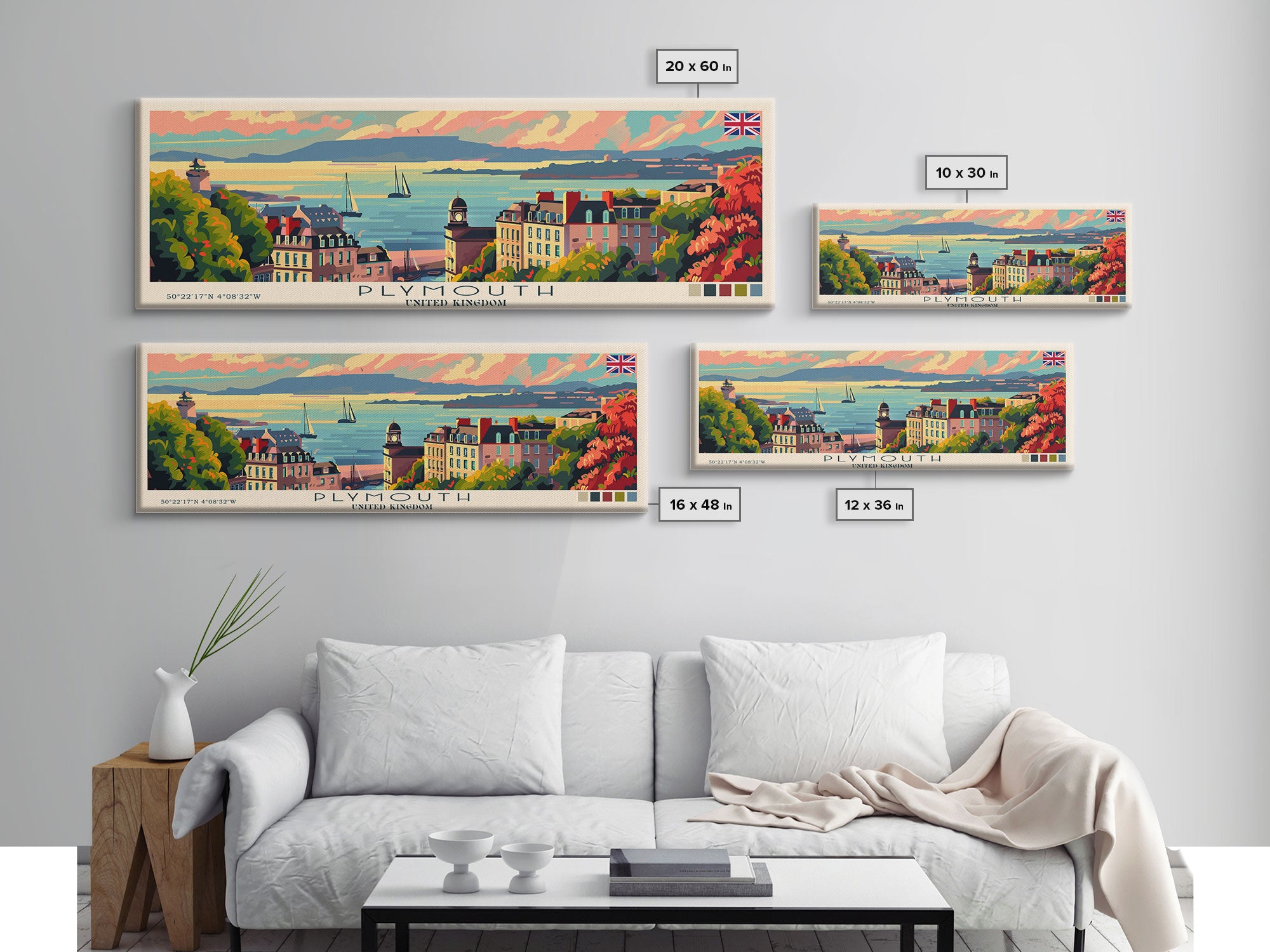 Plymouth United Kingdom Panoramic Travel Poster, Framed Canvas Print or Metal Wall Art, Travel Art, Home Decor, Panoramic Painting, Midcentury Art