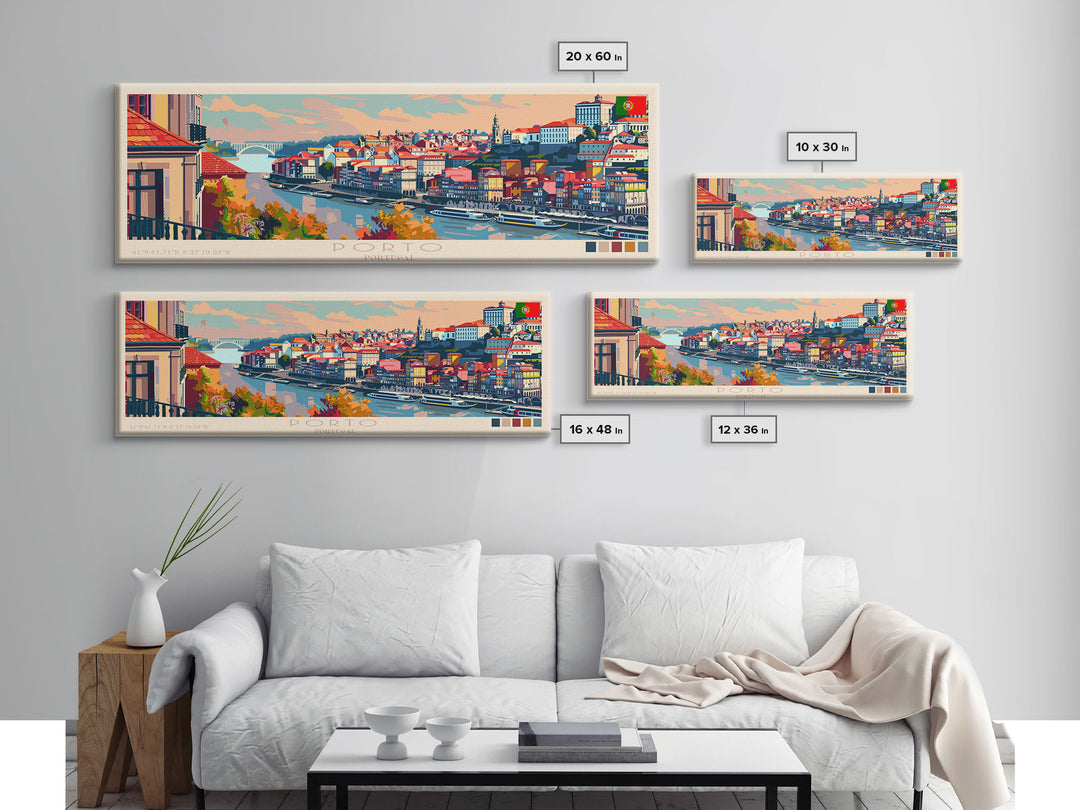 Porto Portugal Panoramic Travel Poster, Framed Canvas Print or Metal Wall Art, Travel Art, Home Decor, Panoramic Painting, Midcentury Art