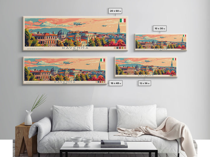 Ravenna Italy Panoramic Travel Poster, Framed Canvas Print or Metal Wall Art, Travel Art, Home Decor, Panoramic Painting, Midcentury Art