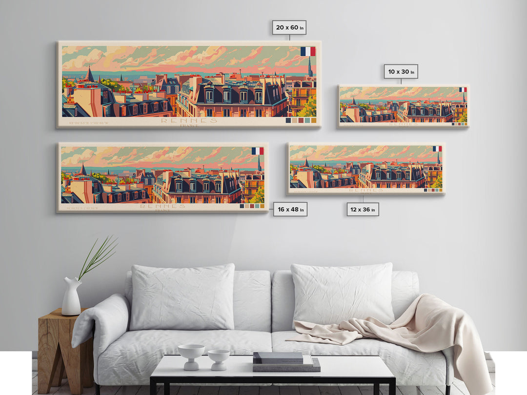 Rennes France Panoramic Travel Poster, Framed Canvas Print or Metal Wall Art, Travel Art, Home Decor, Panoramic Painting, Midcentury Art