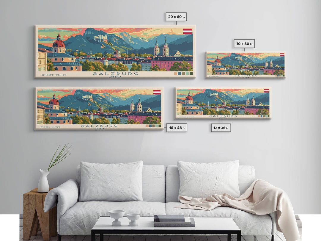 Salzburg Austria Panoramic Travel Poster, Framed Canvas Print or Metal Wall Art, Travel Art, Home Decor, Panoramic Painting, Midcentury Art