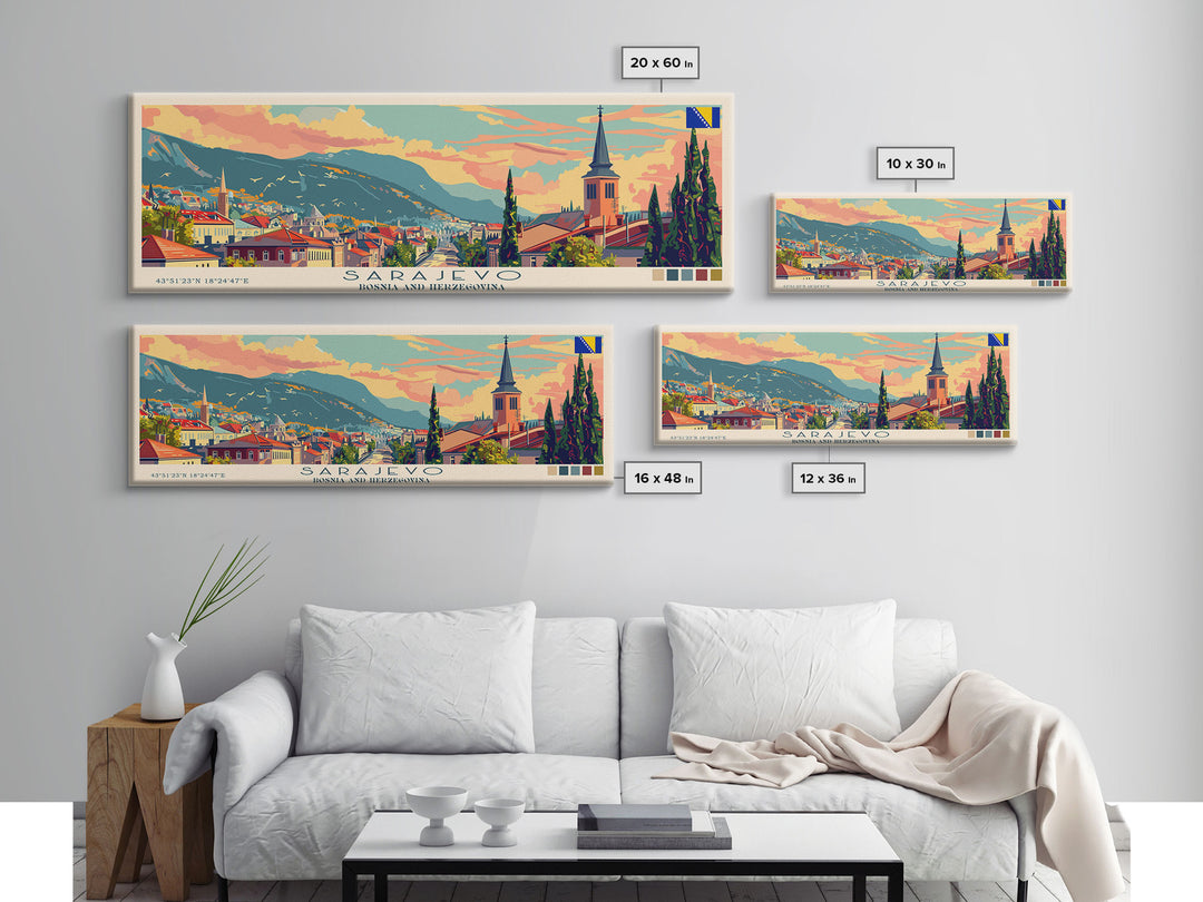 Sarajevo Bosnia Travel Art, City Art, Framed Canvas Print or Metal Wall Art, Europe Travel Poster, Panoramic Wall Art, Extra Wide Wall Art