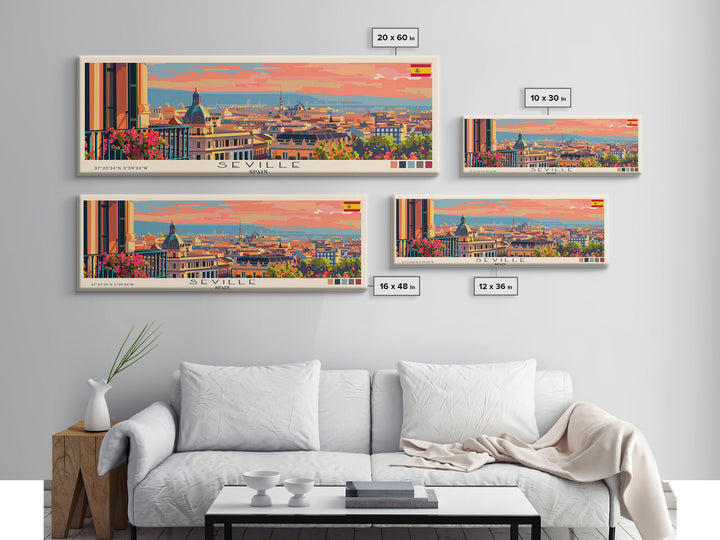 Seville Spain Panoramic Travel Poster, Framed Canvas Print or Metal Wall Art, Travel Art, Home Decor, Panoramic Painting, Midcentury Art